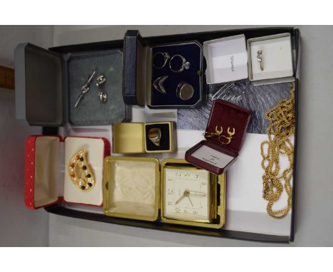 Mixed Lot:  Various silver and white metal rings, travel clock, tigers eye signet type ring and other items