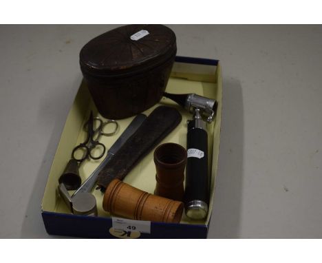 Mixed Lot:  Vintage turned wooden dice shakers,small whistle, small leather mounted vanity case etc