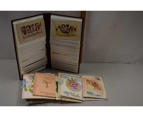Album of various postcards, silk greetings cards from the First World War era together with a quantity of various vintage gre