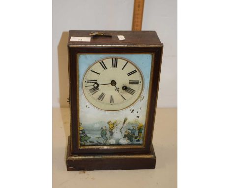 Vintage mantel clock, the case decorated with a winter scene