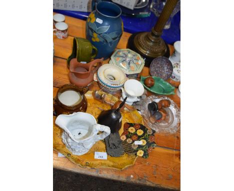 Mixed Lot: Various assorted wares to include ceramics, brass door knocker, papier mache tray, table bell, novelty wooden figu