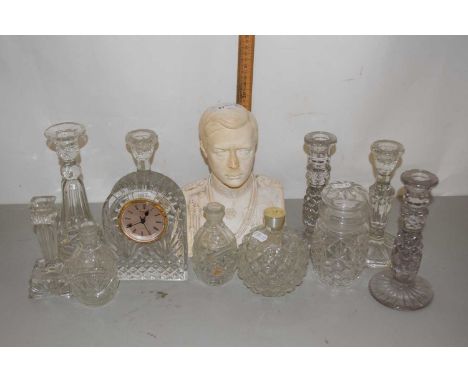 Mixed Lot:  Waterford Crystal mantel clock, various glass candlesticks, plaster work bust of George VI