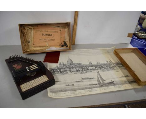 Vintage autoharp together with a fire poker and a reproduction print of the River Thames