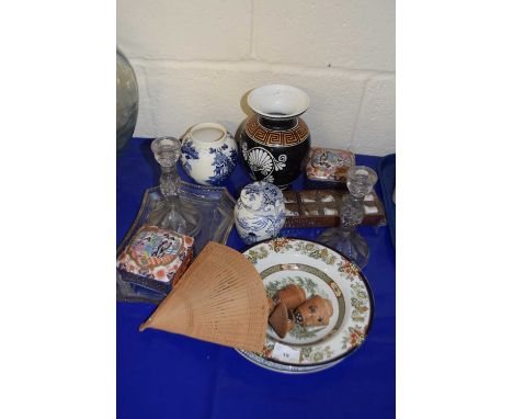 Mixed Lot: Various assorted wares to include dressing table candlesticks,  various thimbles, Oriental trinket boxes, fan and 