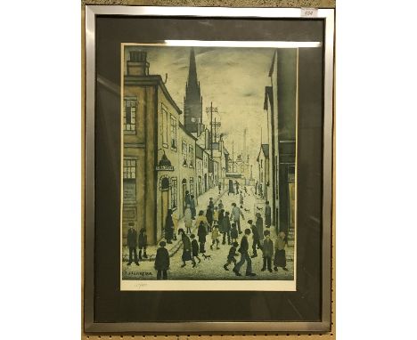 AFTER L S LOWRY "An Organ Grinder" street scene with figures, surgery in foreground, signed and dated within the print 1934, 