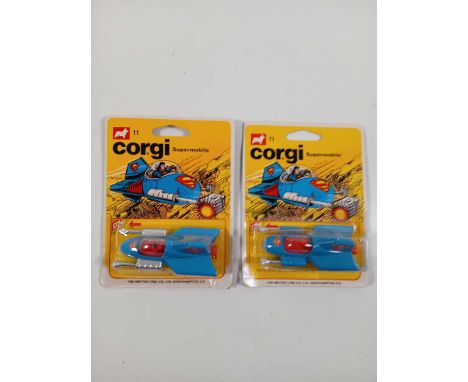 A pair of CORGI Juniors Superman #11 Supermobiles (2) - All carded vehicles are mint on card. Cardbacks vary from Good to Ver