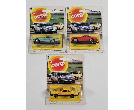 CORGI Juniors on racing car picture backs, one with German price stamp (3) - All carded vehicles are mint on card. Cardbacks 