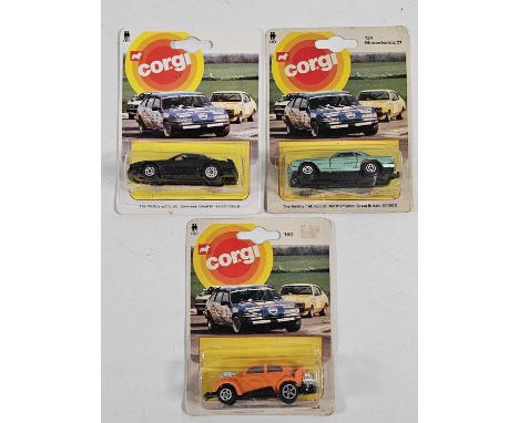 CORGI Juniors on racing car picture backs (3) - All carded vehicles are mint on card. Cardbacks vary from Good to Very Good. 