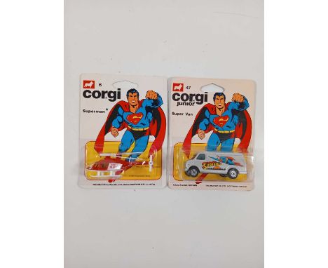 A pair of CORGI Juniors 'Superman' #6 Daily Planet Jetcopter and #47 Superman van (2) - All carded vehicles are mint on card.