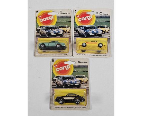 CORGI Juniors on racing car picture backs (3) - All carded vehicles are mint on card. Cardbacks vary from Good to Very Good. 