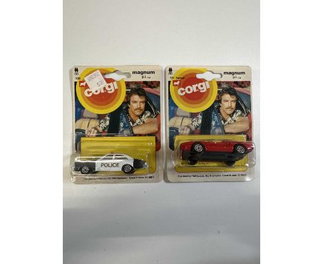 A pair of 'Magnum PI' CORGI Juniors comprising #131 Ferrari and #133 Police car - All carded vehicles are mint on card. Cardb