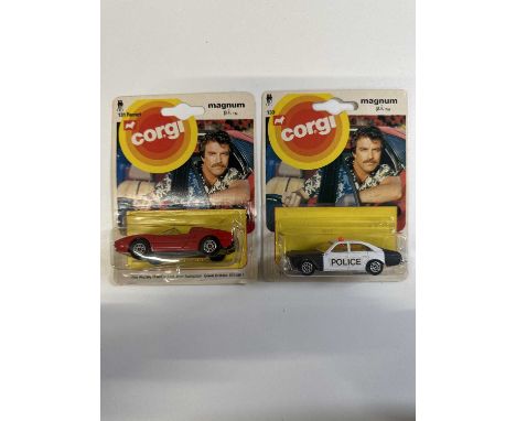 A pair of 'Magnum PI' CORGI Juniors comprising #131 Ferrari and #133 Police car - All carded vehicles are mint on card. Cardb