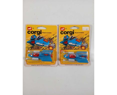 A pair of CORGI Juniors Superman #11 Supermobiles (2) - All carded vehicles are mint on card. Cardbacks vary from Good to Ver