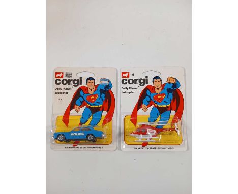 A pair of CORGI Juniors 'Superman' #6 Daily Planet Jetcopter and #17 Metropolis Police car on a factory overprinted #6 backin