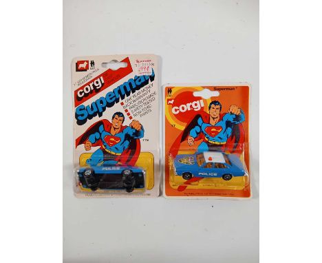 A pair of CORGI Juniors #17 'Superman' Metropolis police cars 1 on UK and the other on US issued card backs (2) - All carded 