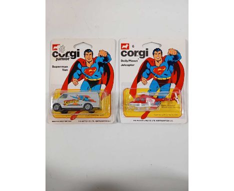 A pair of CORGI Juniors 'Superman' #6 Daily Planet Jetcopter and #47 Superman van (2) - All carded vehicles are mint on card.
