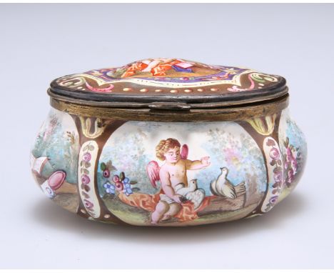 A VIENNESE ENAMEL BOX, late 19th/early 20th Century, of bombe form with hinged cover, painted with putti to the cover and sid