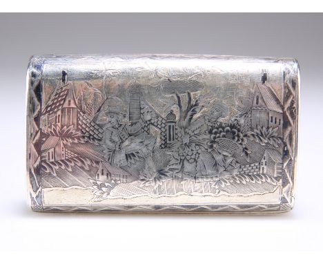 A 19TH CENTURY RUSSIAN SILVER NIELLO SNUFF BOX, Moscow, rounded rectangular form, decorated with figures in a rustic landscap