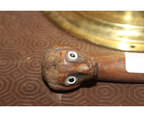 A rustic fruit wood walking stick the dogs head handle having glass eyes