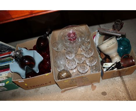 A Vernini style handkerchief vase, Victorian brown glass decanters, various other table glassware, pottery etc.