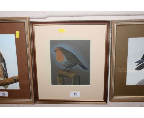 Leo Bridges, watercolour study of a robin seated on a fork handle 