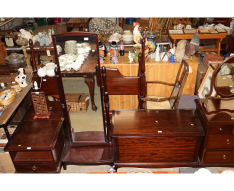 A Stag cheval mirror, a double bedstead and a blanket box 