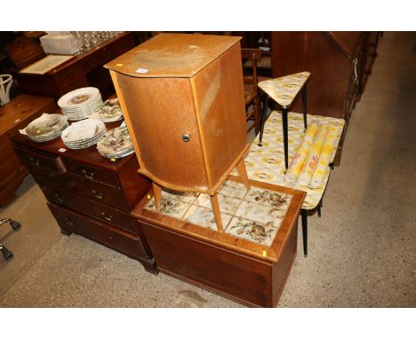 A mid-20th Century oak bedside cupboard and a tile topped blanket box 