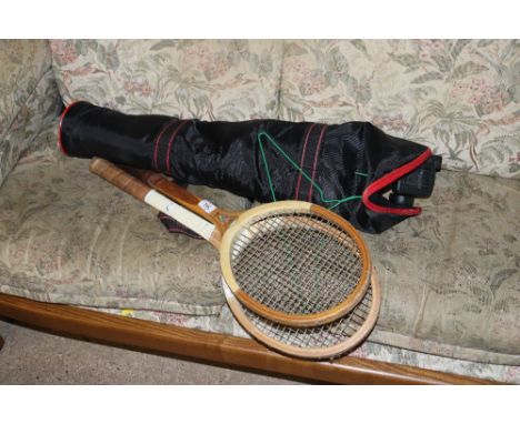 Two vintage tennis rackets and an Optex telescope and carry bag