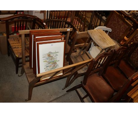 A folio stand; an elm seated bar back chair; a painted stick back kitchen chair; a wicker basket and an occasional table 