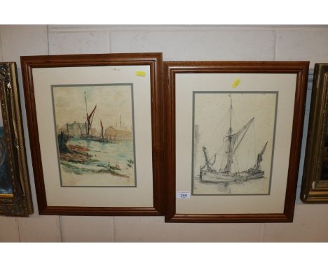 A watercolour together with a sketch both depicting sailing barges