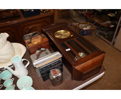 A timing clock by Boddy & Rydwood North Yorkshire, an Avometer, a pigeon racing clock, vintage radios, regulator type wall cl