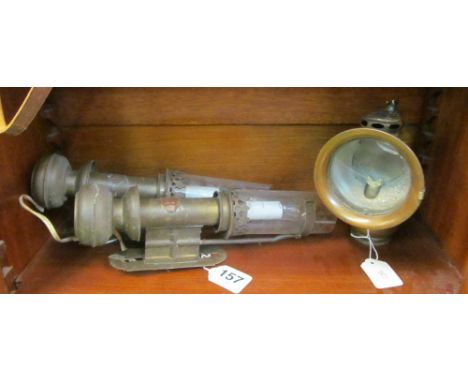 A pair of Victorian GWR wall lamps converted to electricity (one glass a/f) and a Jon Lucas antique bike lamp