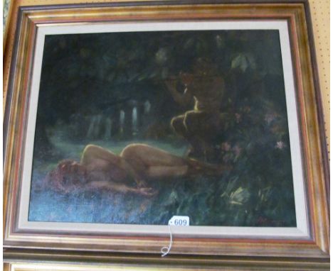 An oil Pan playing pipe to sleeping nude in forest