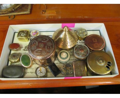 A collection of pill boxes etc including brass sovereign holder and Georgian Britannia metal snuff box