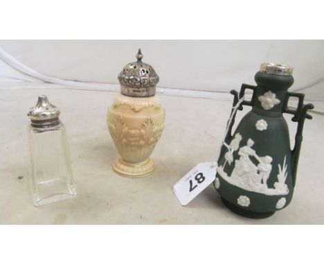 A Locke &amp; Co. Worcester silver topped sifter, silver topped pepper and a silver rimmed vase