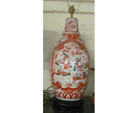 A large late 19th Century Kutani vase decorated warriors and flowers converted to a table lamp 21" top ceramic and 30" top sh