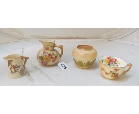 Two Royal Worcester jugs (one a/f), bowl and some teaware