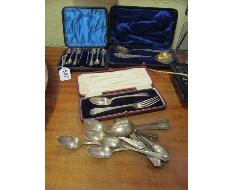 Eleven sterling silver spoons, 6 silver spoons and tongs (i.c), pair silver serving spoons with pierced and floral handles (i