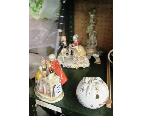 A brass candlestick classical lady, two figure groups gallants and ladies and Minton conserve pot and lid