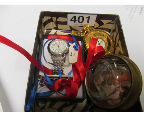 A Carronade half hunter pocket watch, quartz nurses watch and a watch with magnified back