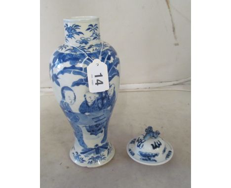 A baluster shaped lidded blue and white vase decorated geisha in garden seated at a table with 'Happy Boys' very slight slith