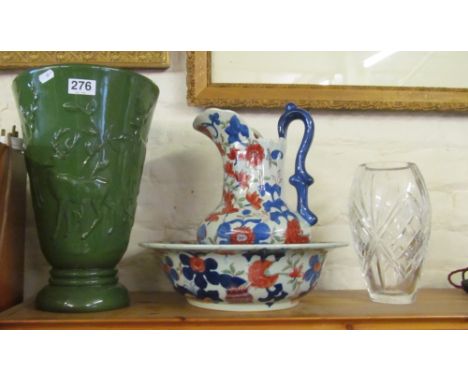 A large green stag vase, glass vase and jug &amp; basin set
