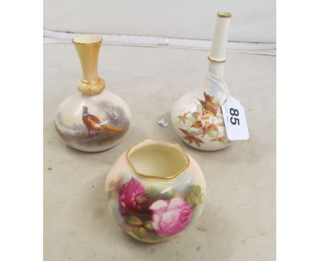 Three small Royal Worcester vases one decorated pheasant, another flowers and third roses