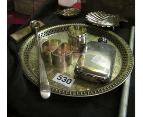 A plated hip flask, napkin rings et cetera