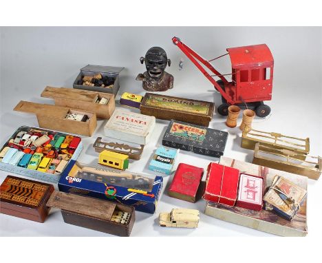 Quantity of mixed toys and games, to include, Domino sets, novelty money box, inlaid crib board, tin plate Tri-ang crane, pla