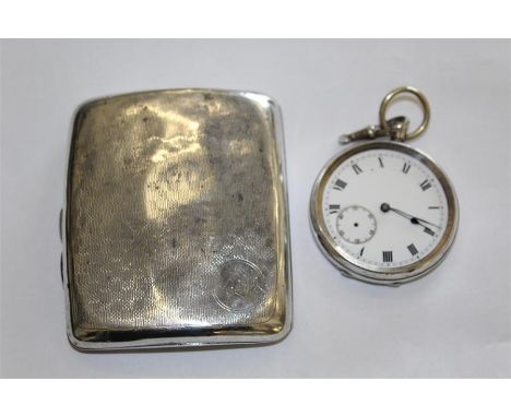 Silver open face pocket watch, 50mm diameter, together with silver cigarette case, 79.1 grams