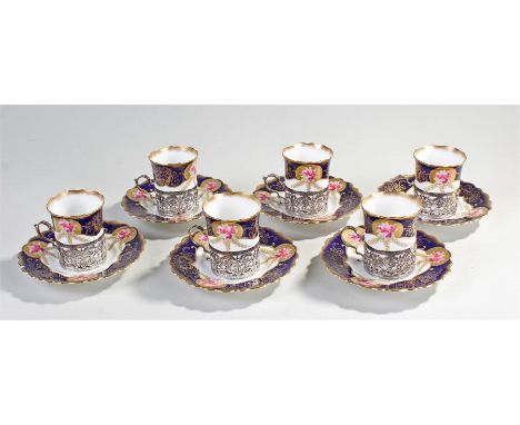 Set of six Aynsley Coffee cups and saucers, foliate decorated with white metal mounts, (12)