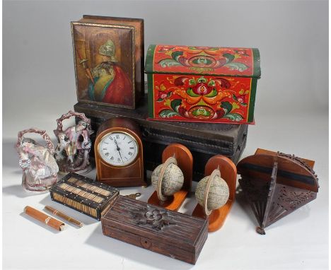 Mixed works of art, to include a bracket, boxes, pair of globes, a clock, two Staffordshire figures, etc, (qty)