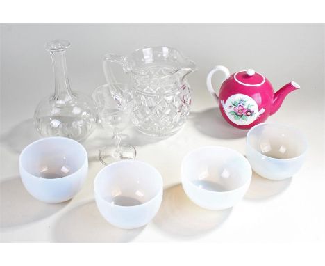 Mixed glass, to include four Vaseline glass bowls, a glass jug, decanter and a drinking glass, together with a Russian teapot