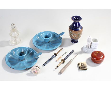 Mixed objects, to include a match box holder, a pot, enamel candlesticks, ink well, etc, (qty)